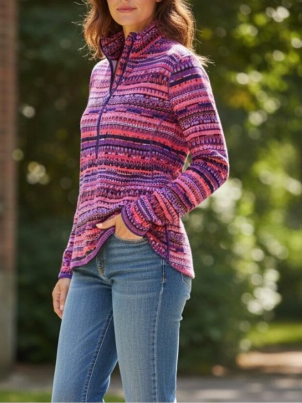 Nike Pro Dri-Fit Women's Shirt Medium Pink Purple Aztec Run Hike Gym 1/4 zip